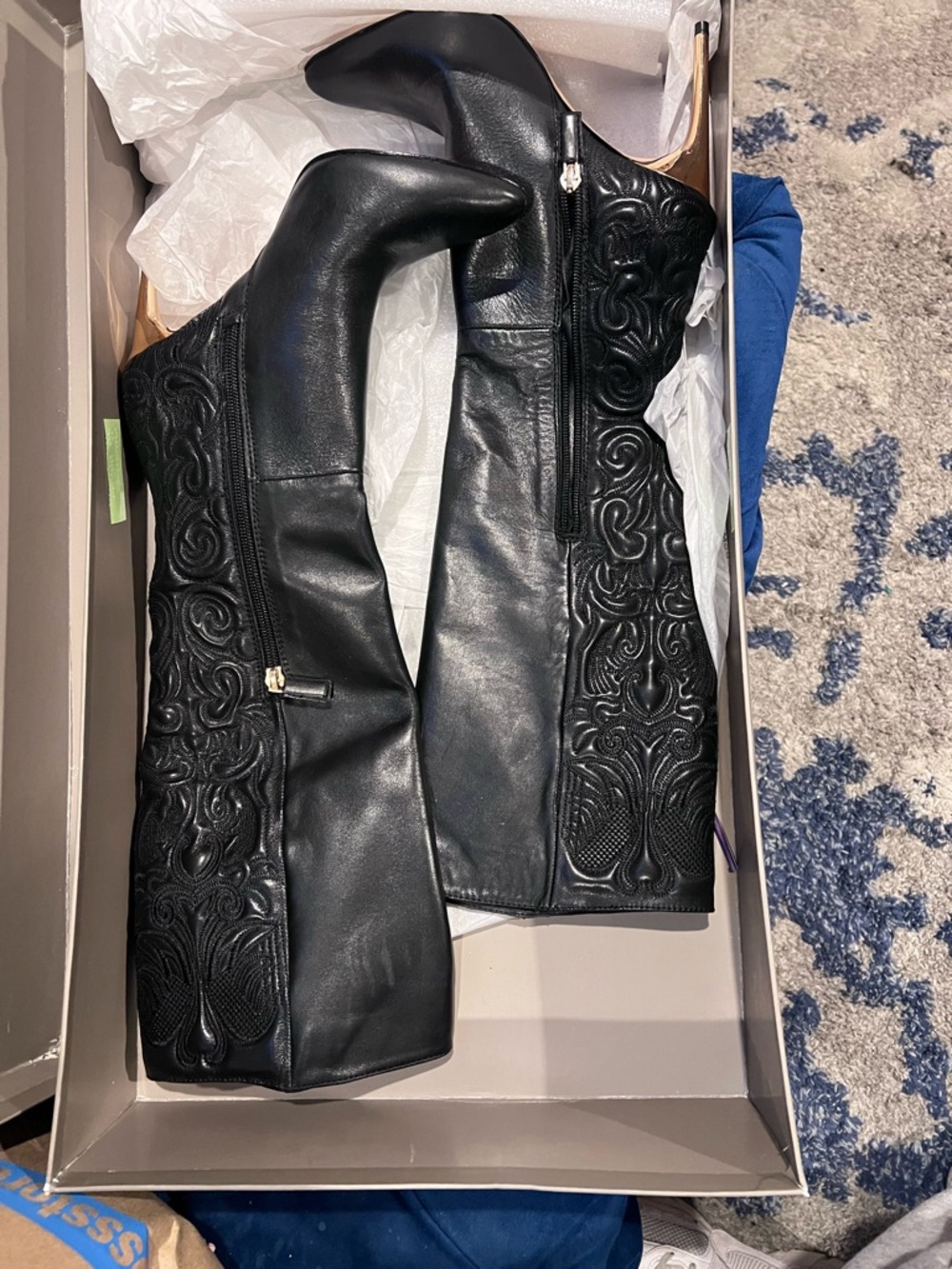 BCBGMaxAzria Black Leather Embroidered Knee-High Boots